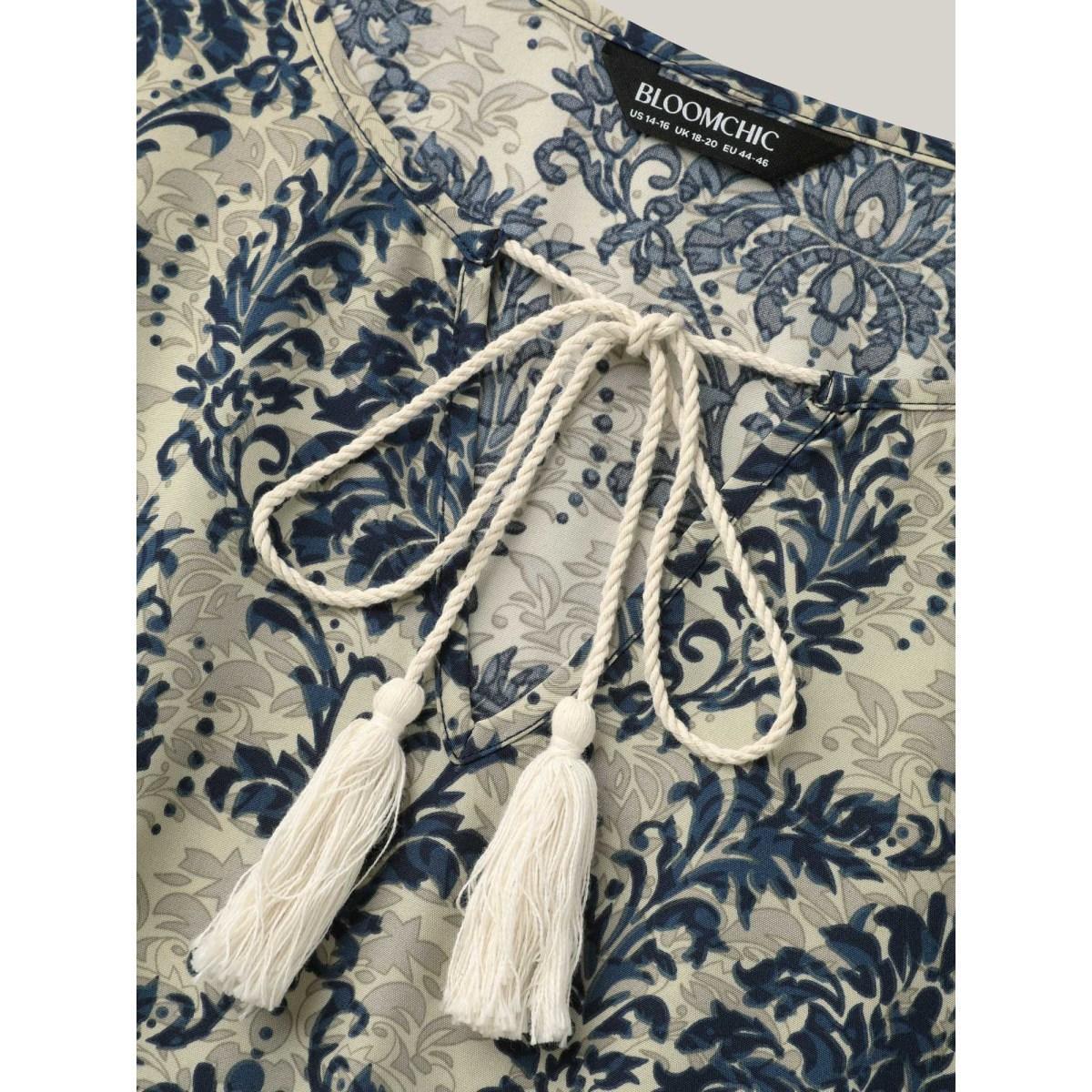 Plus Size Ornate Print Curvy Hem Tied Maxi Dress Navy Women Resort Tie knot V-neck Short sleeve Curvy BloomChic 10/M Product Image