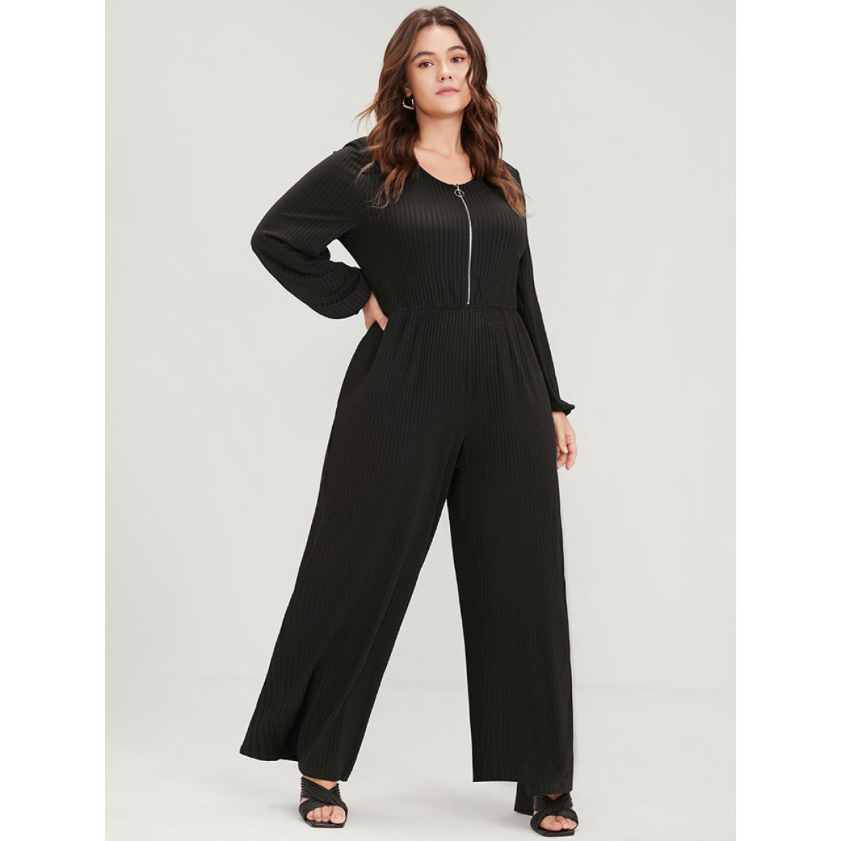 Plus Size Black Plain Zipper Half Lantern Sleeve Pocket Rib Knit Jumpsuit Women Office Long Sleeve Round Neck Work Loose Jumpsuits BloomChic 14-16/1X Product Image