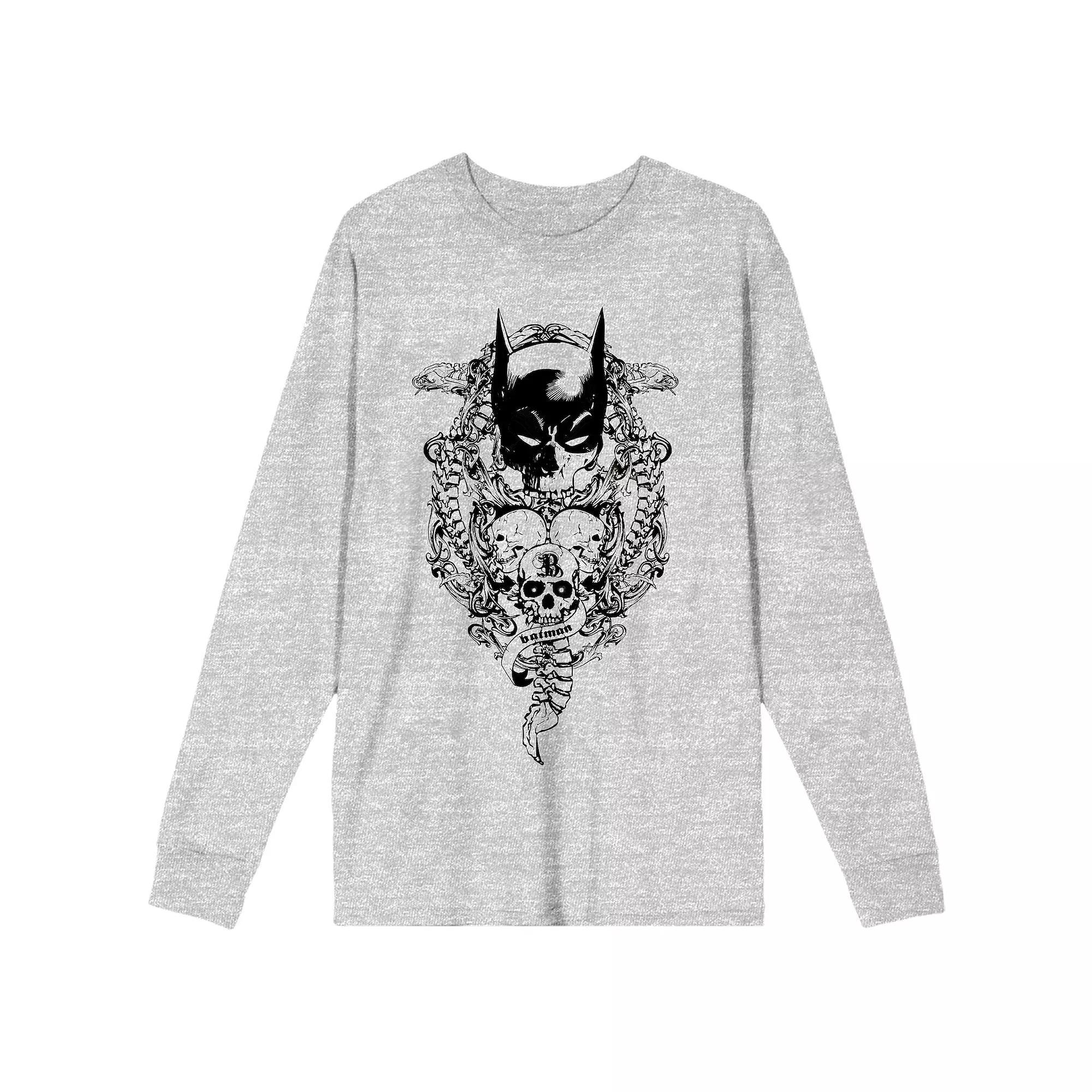 Men's Batman Bat Mask With Skulls Long Sleeve Tee, Size: XL, Gray Product Image