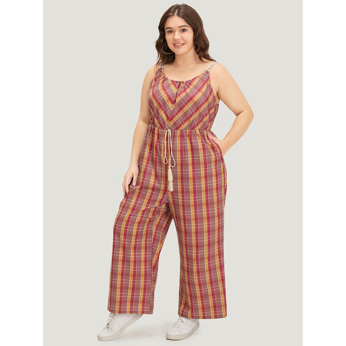 Plus Size Multicolor Plaid Print Tassels Knotted Pocket Cami Jumpsuit Women Casual Sleeveless Spaghetti Strap Dailywear Loose Jumpsuits BloomChic 12/L Product Image