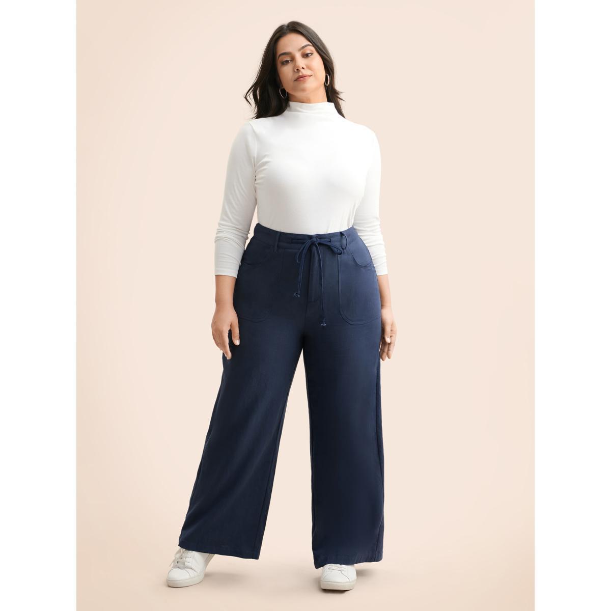Plus Size Mid Rise Drawstring Wide Leg Pants Women Indigo Casual Wide Leg Mid Rise Everyday Pants BloomChic 28/5X Product Image
