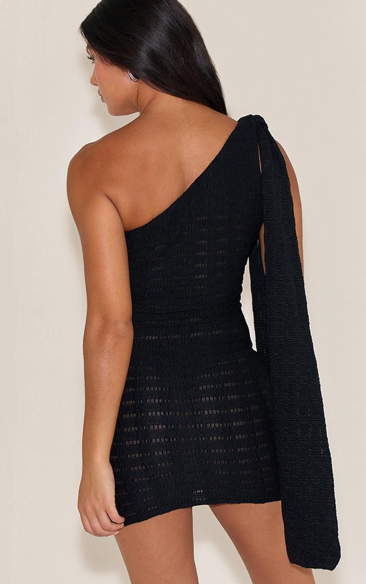 Black Textured One Shoulder Drape Detail Bodycon Dress Product Image