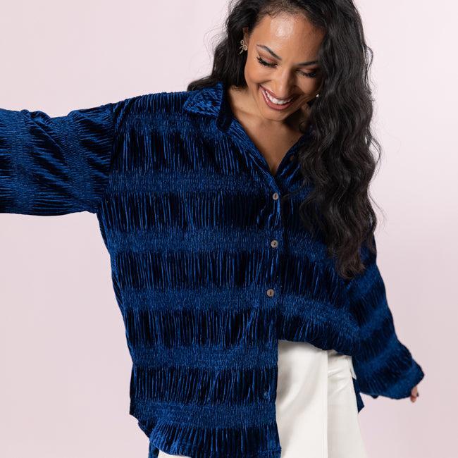 My Fave Song Blue Velvet Button Front Shirt FINAL SALE Product Image