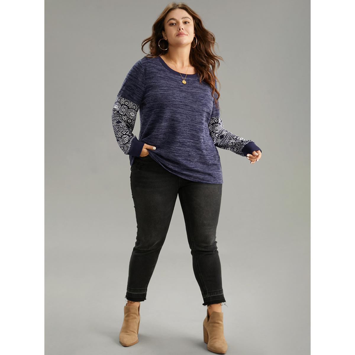Plus Size Boho Print Patchwork Heather Rib Knit Sweatshirt Women Navy Casual Non Round Neck Everyday Sweatshirts BloomChic 26/4X Product Image