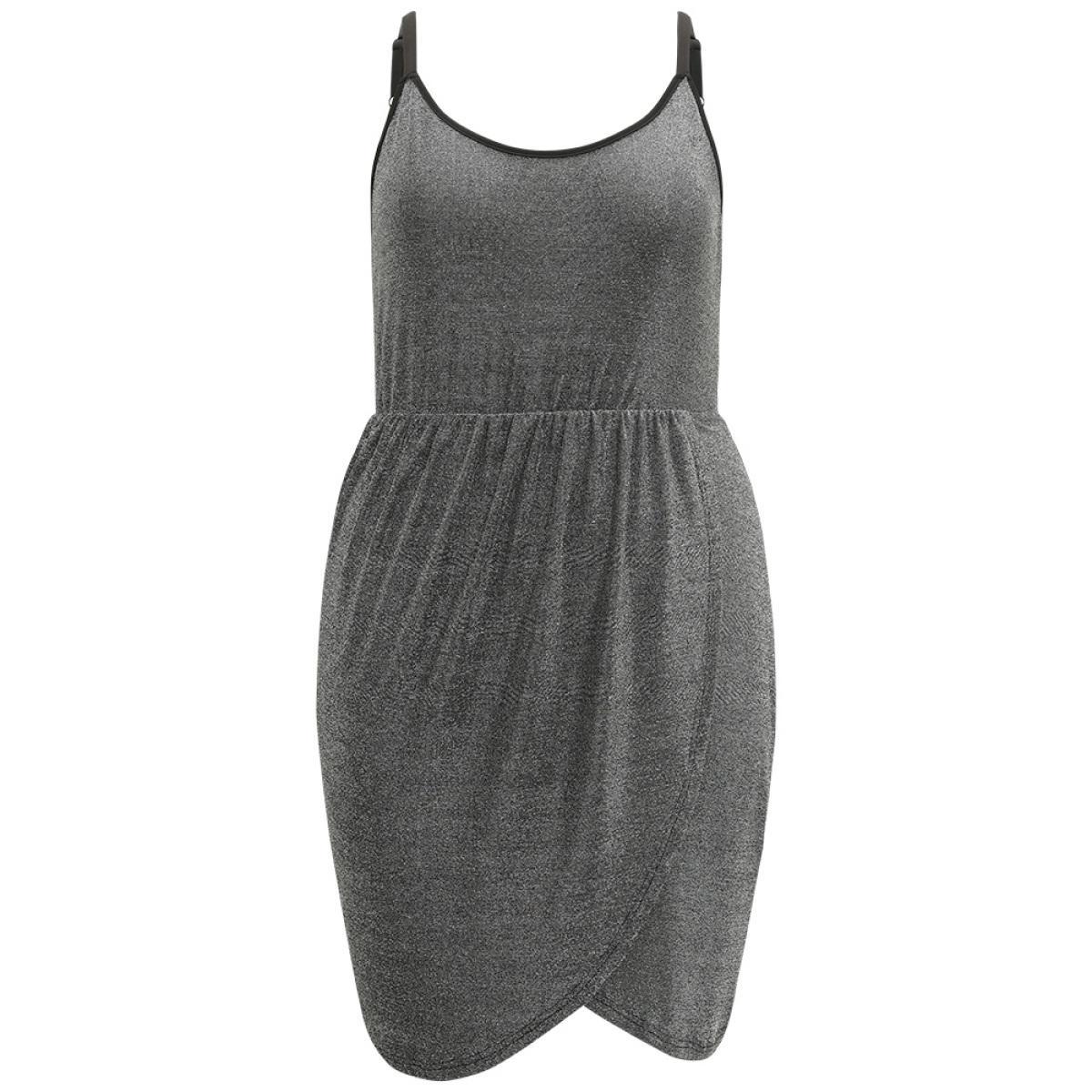 Plus Size Plain Pleated Detail Wrap Hem Cami Dress DimGray Women Party Adjustable Straps Spaghetti Strap Sleeveless Curvy Knee Dress BloomChic 26/4X Product Image