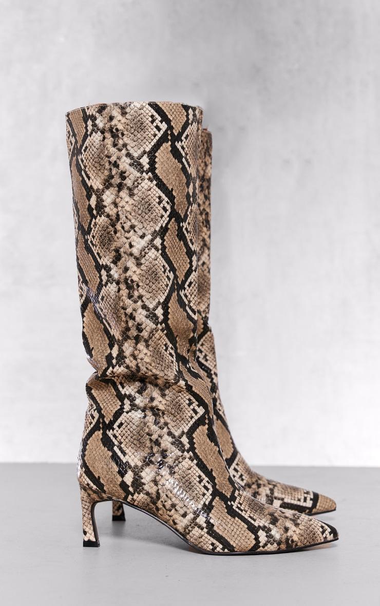 Snake Print Croc Pu Point Toe Low Heeled Knee Boots Product Image