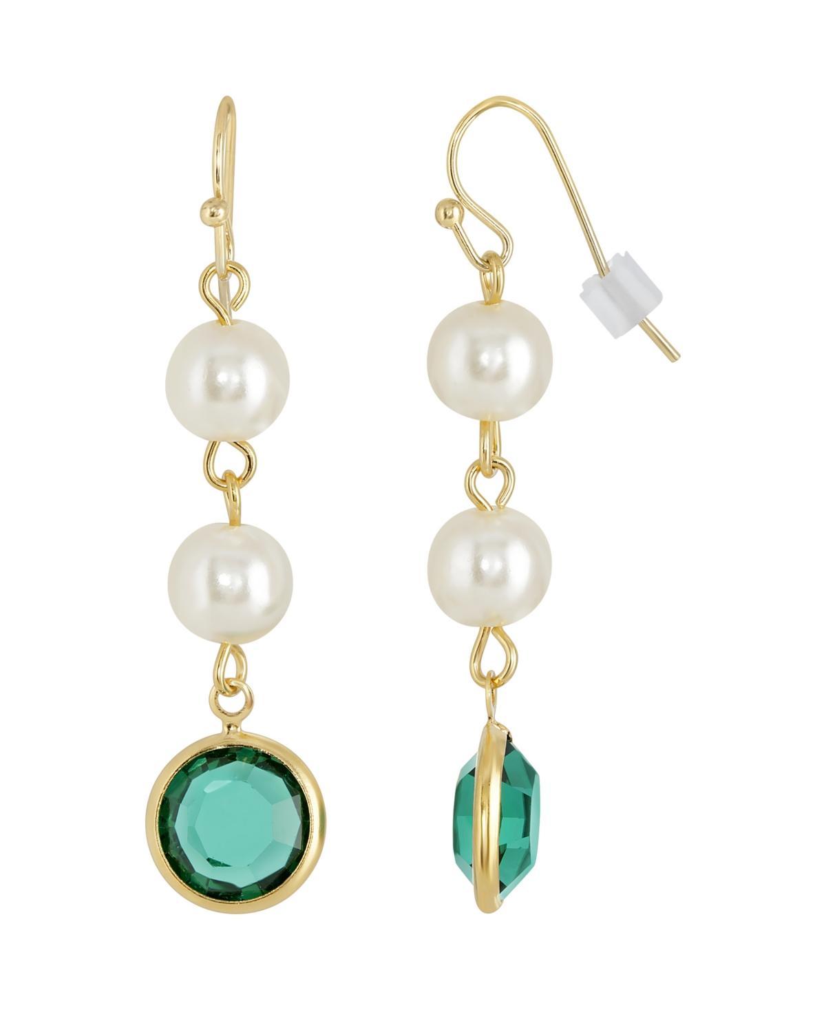 1928 Gold Tone Simulated Pearl & Crystal Drop Earrings, Womens, Dark Green Product Image