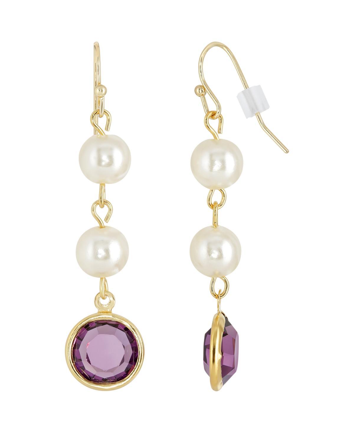 1928 Gold Tone Simulated Pearl & Crystal Drop Earrings, Womens, Purple Product Image