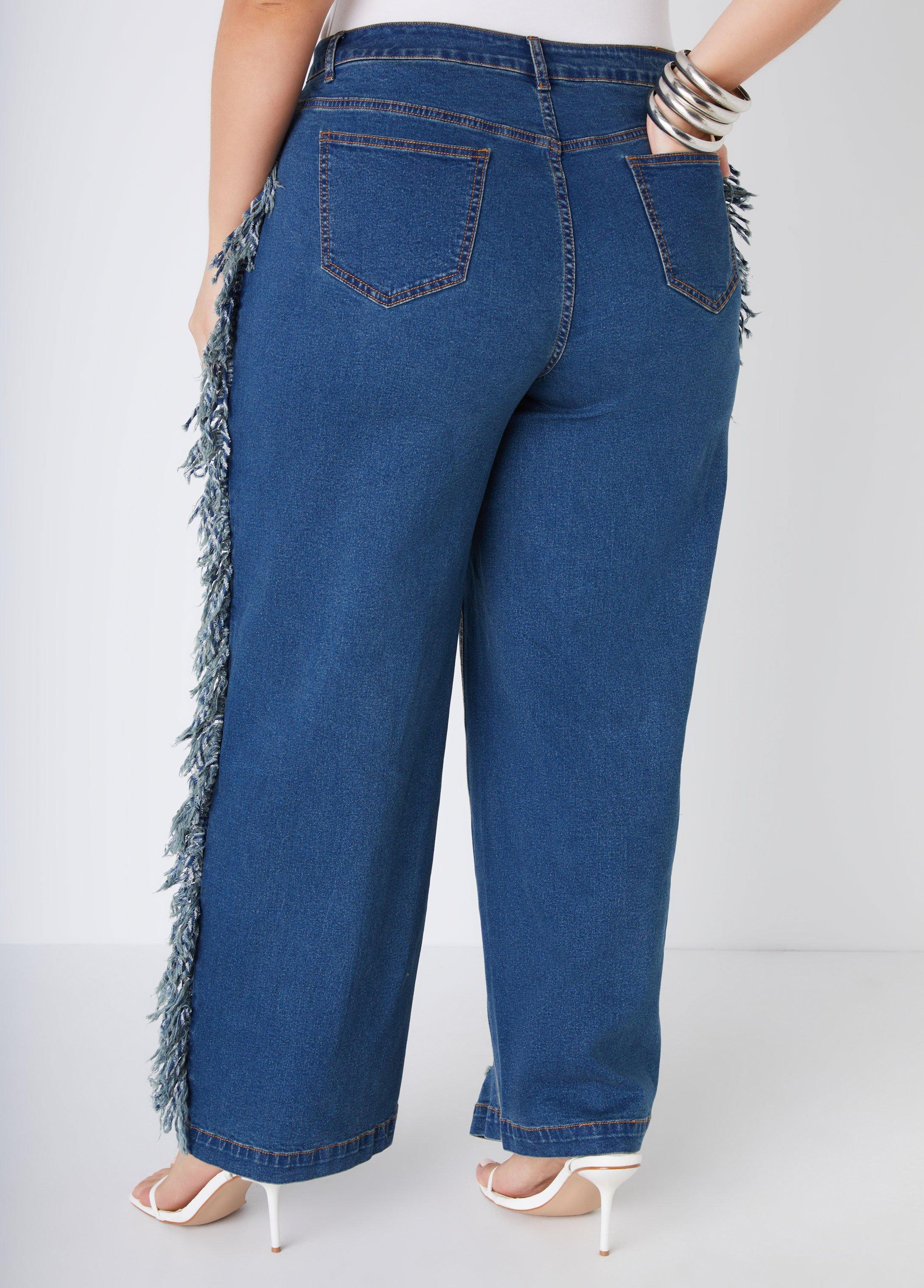 Plus Size Fringed Distressed Wide Leg Jeans Ashley Stewart Product Image