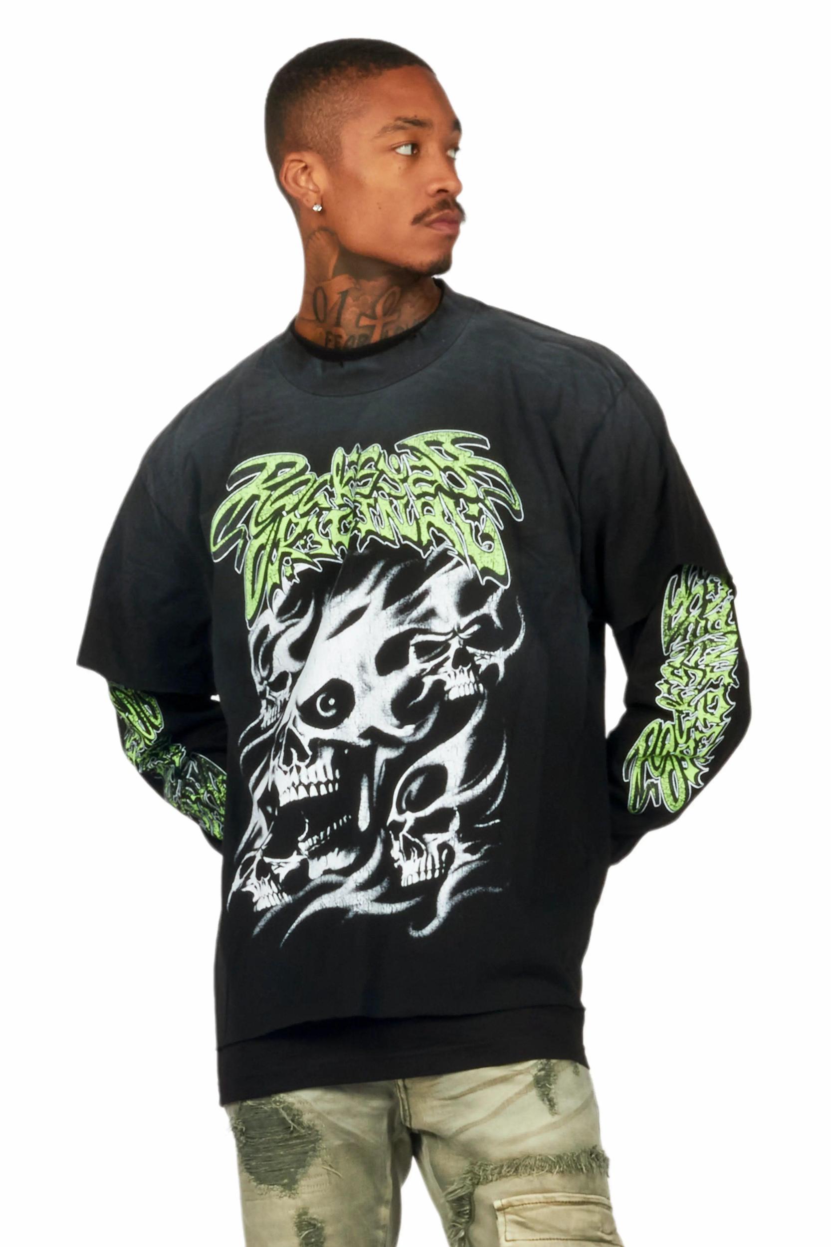 Schtupp Black Double Layer Long Sleeve Graphic T-Shirt Male Product Image