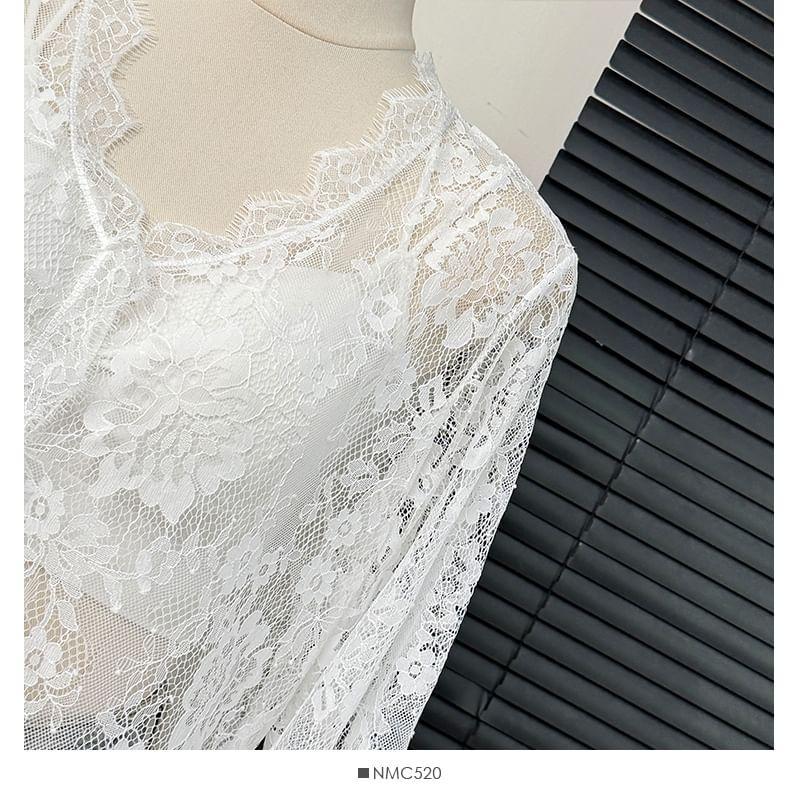Bell-Sleeve V-Neck Sheer Lace Shirt Product Image