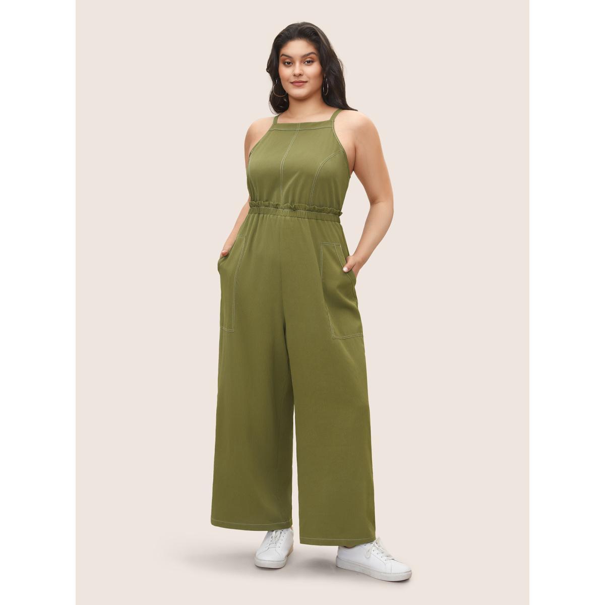 Plus Size ArmyGreen Plain Tucked Seam Frill Trim Jumpsuit Women Casual Sleeveless Non Everyday Loose Jumpsuits BloomChic 10/M Product Image