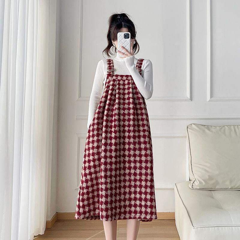 Maternity Long-Sleeve Mock Neck Plain Knit Top / Diamond Print Heart Buckled Midi Dungaree Dress / Set Product Image