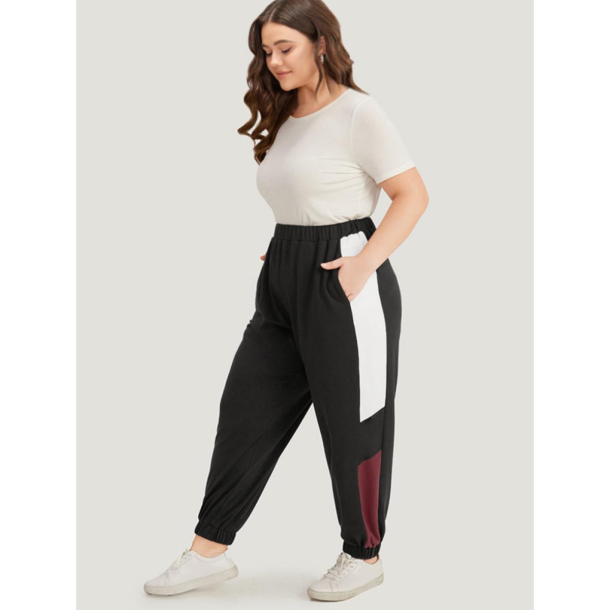 Contrast Patchwork Pocket Elastic Waist Carrot Sweatpants Black Plus Size Women Casual Dailywear Contrast 14-16/1X Bloomchic Product Image