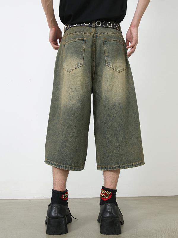 Men'S Retro Washed Wide Leg Straight Denim Shorts Product Image