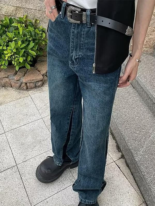 Men's Vintage Blue Splice Loose Jeans Product Image