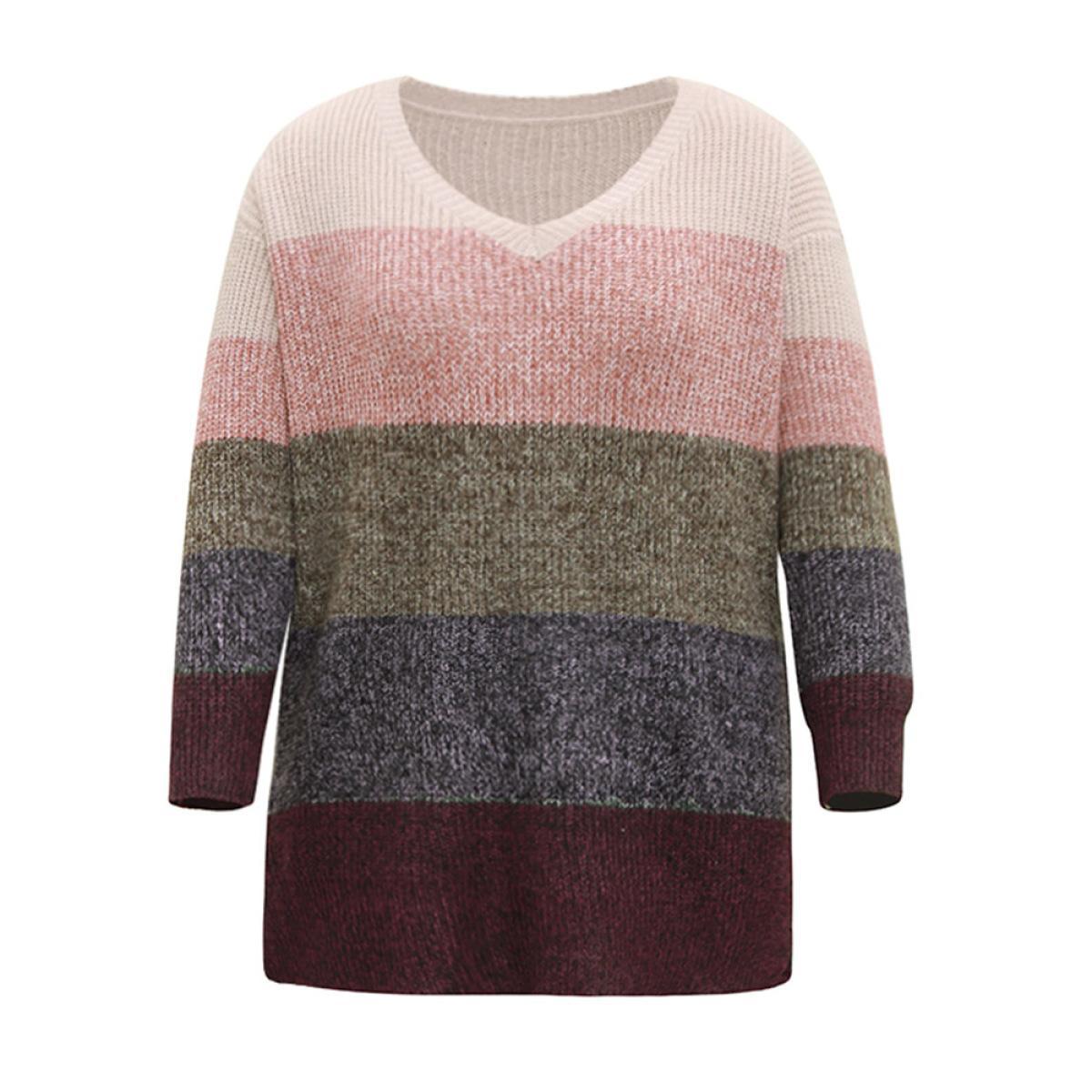 Plus Size Heather Colorblock V Neck Split Hem Pullover Multicolor Women Casual Loose Long Sleeve V-neck Dailywear Pullovers BloomChic 10/M Product Image