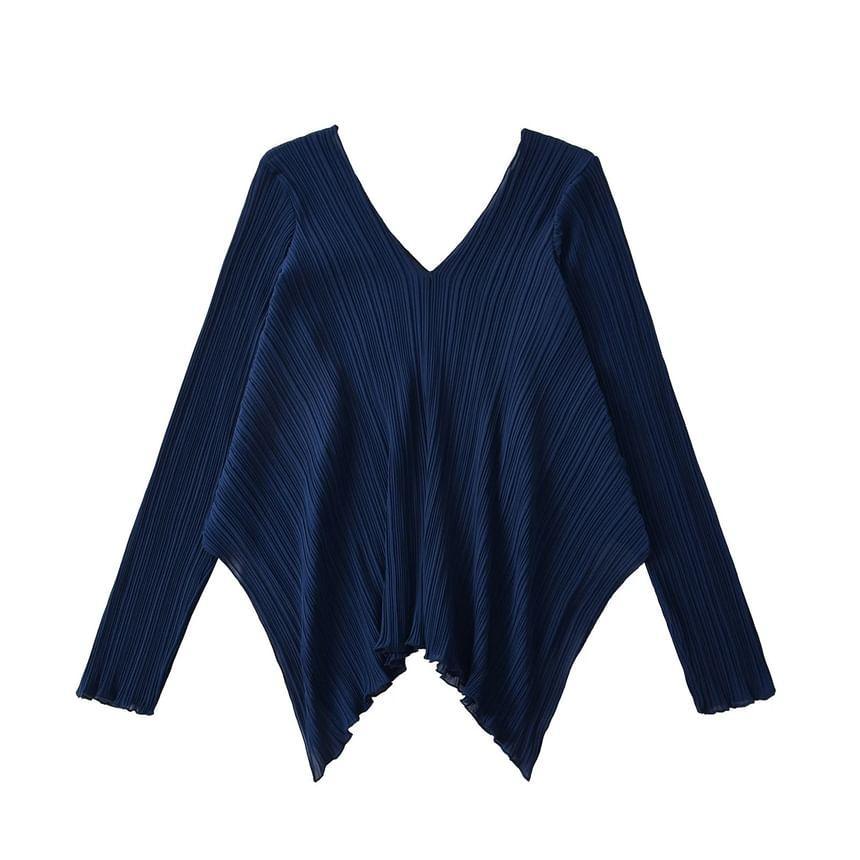 Long-Sleeve V-Neck Plain Ribbed Knit Top Product Image