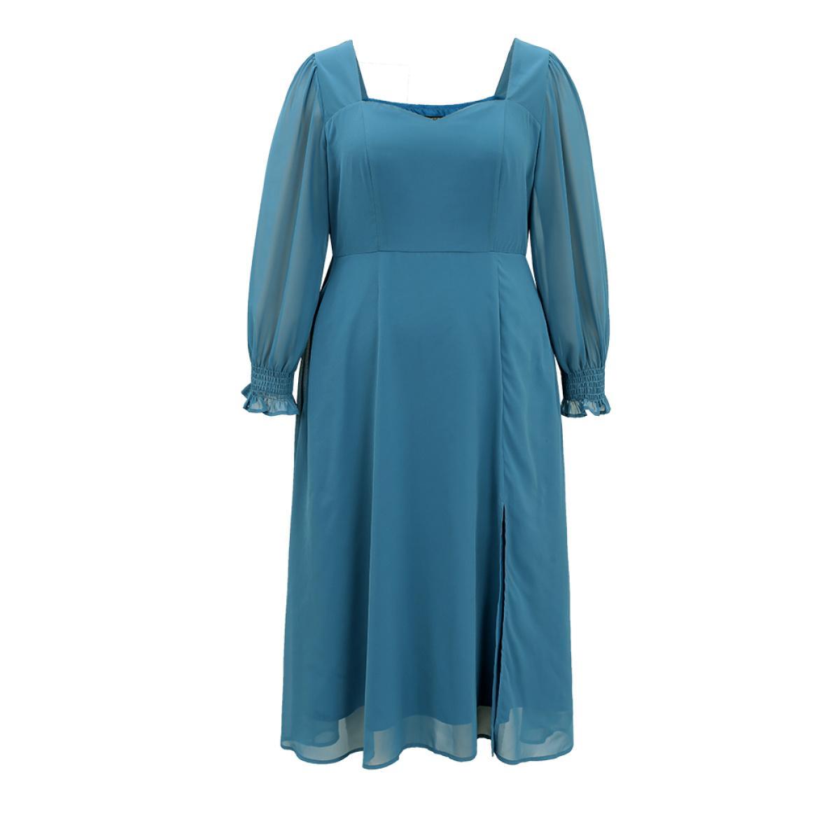 Plus Size Chiffon Square Neck Shirred Lantern Sleeve Split Hem Dress Aegean Women Glamour Plain Square Neck Long Sleeve Curvy Midi Dress BloomChic 30/6X Product Image
