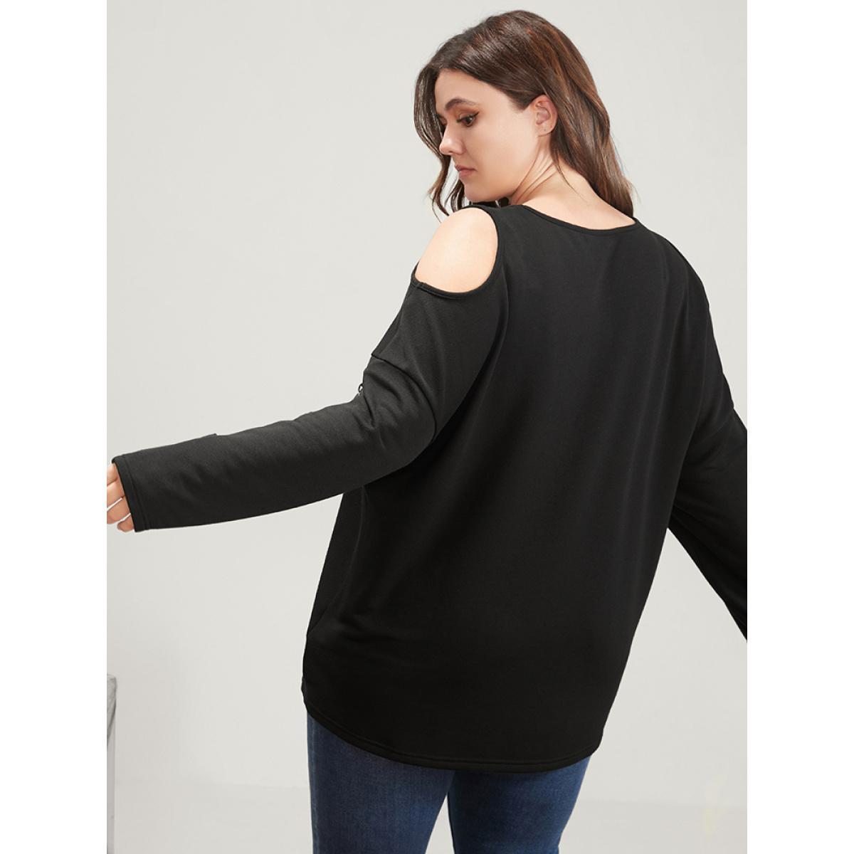 Plus Size Halloween Skull Print Cold Shoulder Sweatshirt Women Black Elegant Printed Round Neck Dailywear Sweatshirts BloomChic 18-20/2X Product Image