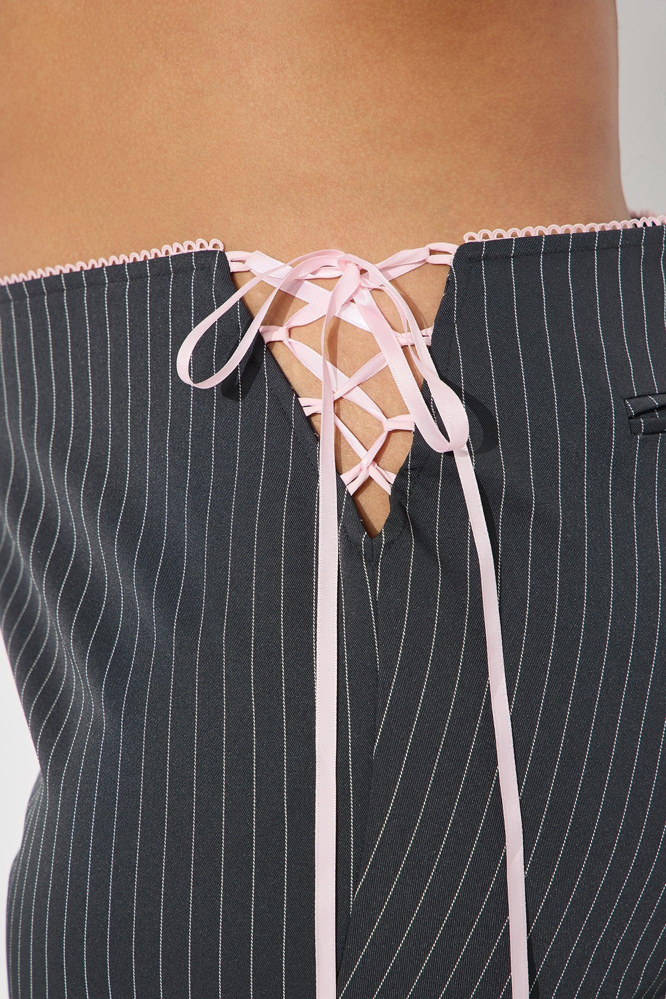 Sweet And Sassy Lace Up Pinstripe Flare Pant - Charcoal Product Image