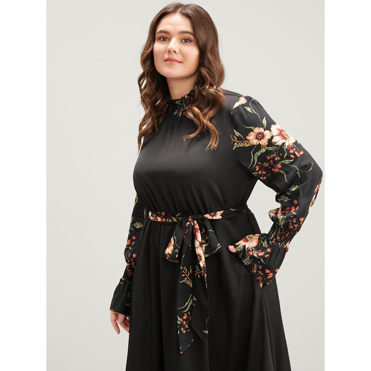 Plus Size Floral Patchwork Lantern Sleeve Pocket Belted Shirred Mock Neck Dress Black Women Elegant Patchwork Mock Neck Long Sleeve Curvy Midi Dress BloomChic 30/6X Product Image