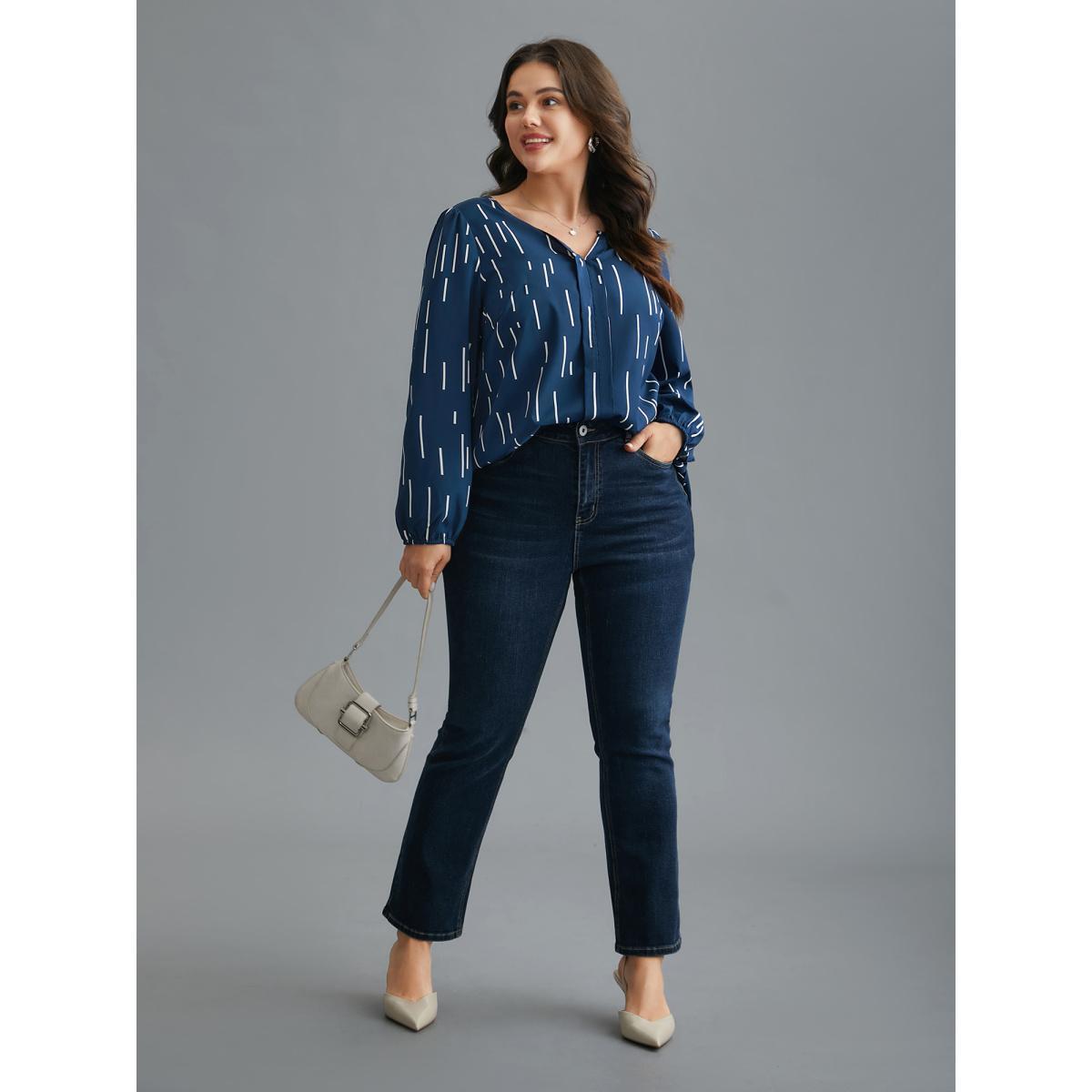 Plus Size Indigo Geometric Print Notched Collar Blouse Women At the Office Long Sleeve Notched collar Work Blouses BloomChic 18-20/2X Product Image