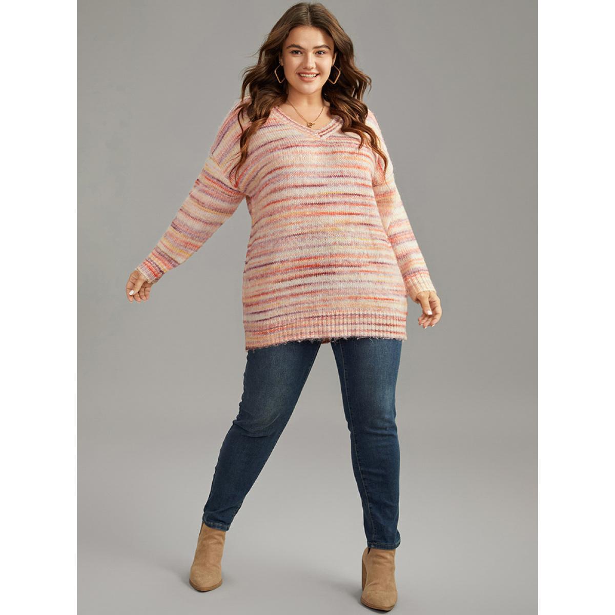 Plus Size Ombre Heather Drop Shoulder Pullover Multicolor Women Casual Loose Long Sleeve V-neck Everyday Pullovers BloomChic 26/4X Product Image