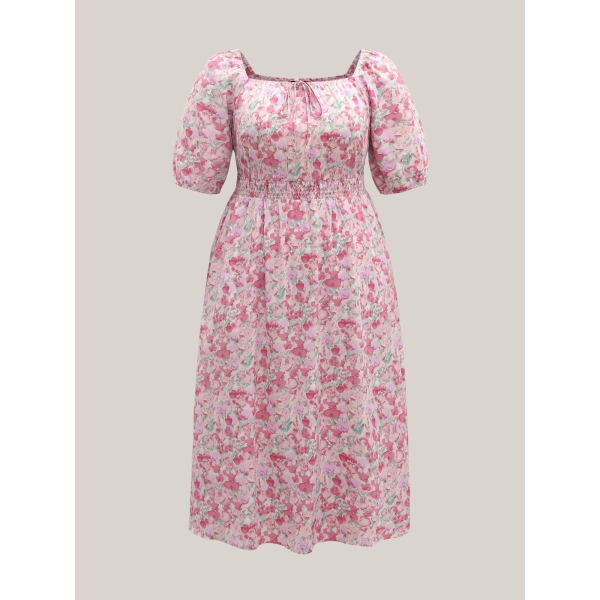 Plus Size Floral Print Shirred Waist Pockets Midi Dress Blush Women Elegant Tie knot Square Neck Half Sleeve Curvy BloomChic 30/6X Product Image