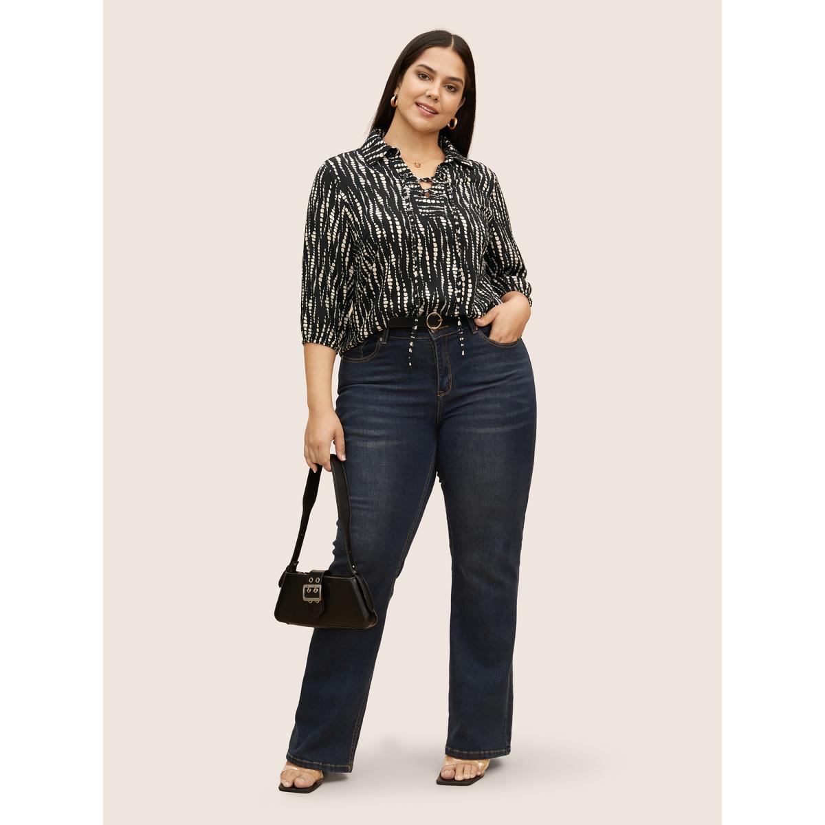 Plus Size Black Striped Lace Up Gathered Lantern Sleeve Blouse Women At the Office Elbow-length sleeve Shirt collar Work Blouses BloomChic 12/L Product Image