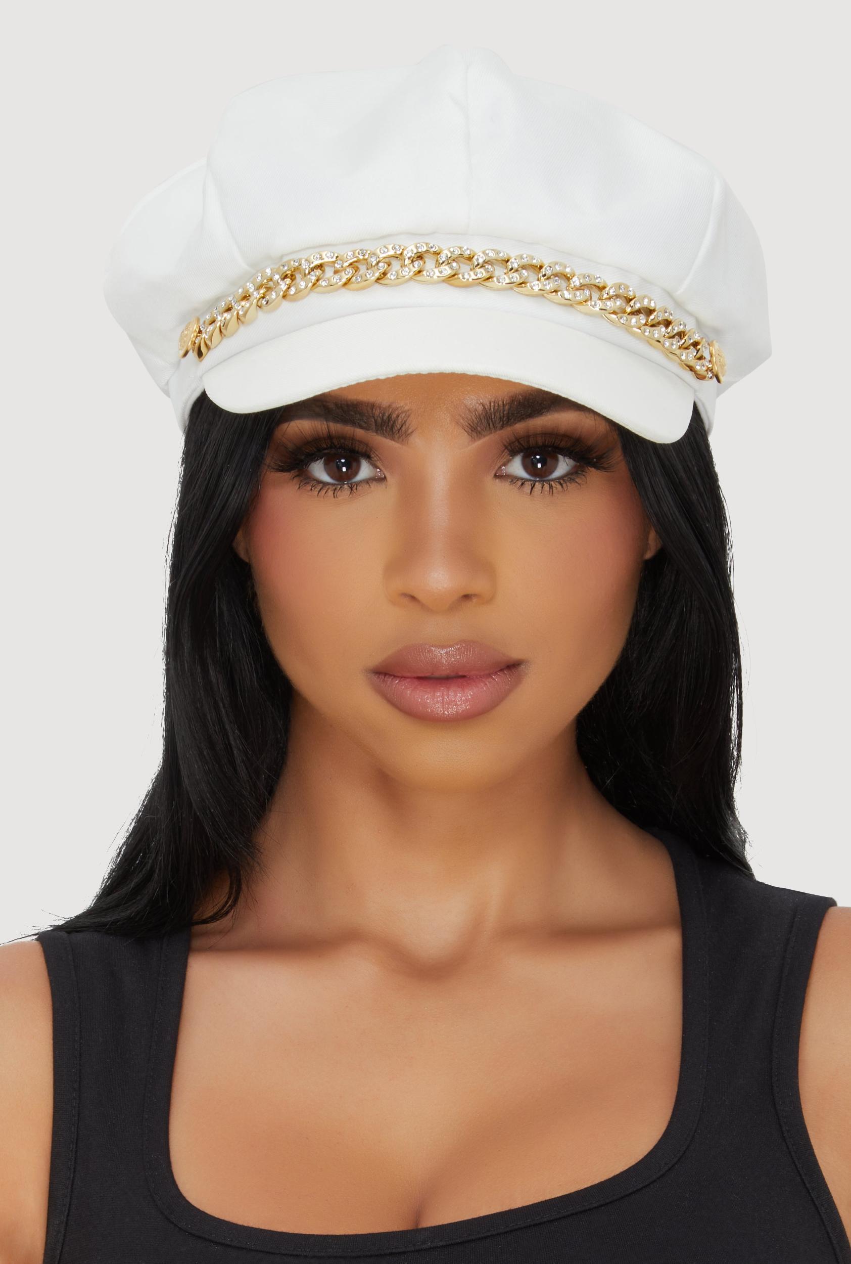 Rhinestone Curb Chain Detail Cabbie Hat Female Product Image
