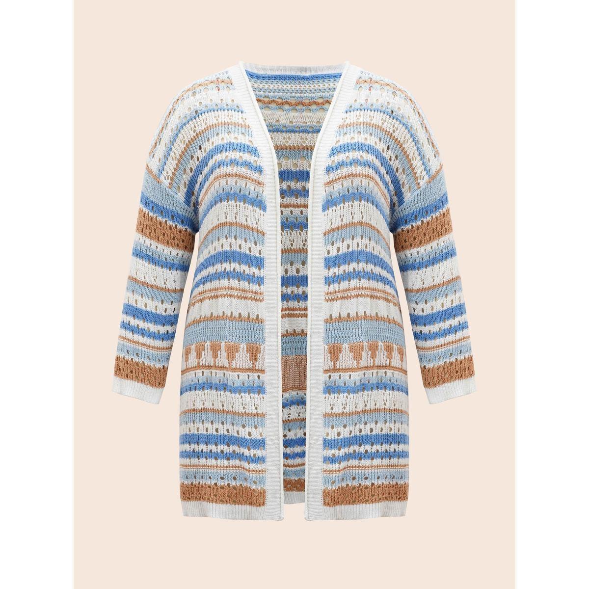 Plus Size Cotton Contrast Striped Cut Out Cardigan LightBlue Women Casual Loose Long Sleeve Everyday Cardigans BloomChic 14-16/1X Product Image