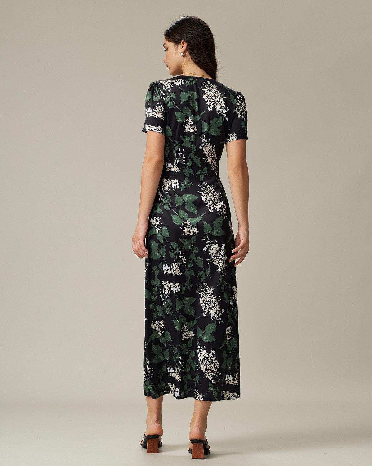 Black V Neck Floral Midi Dress Product Image