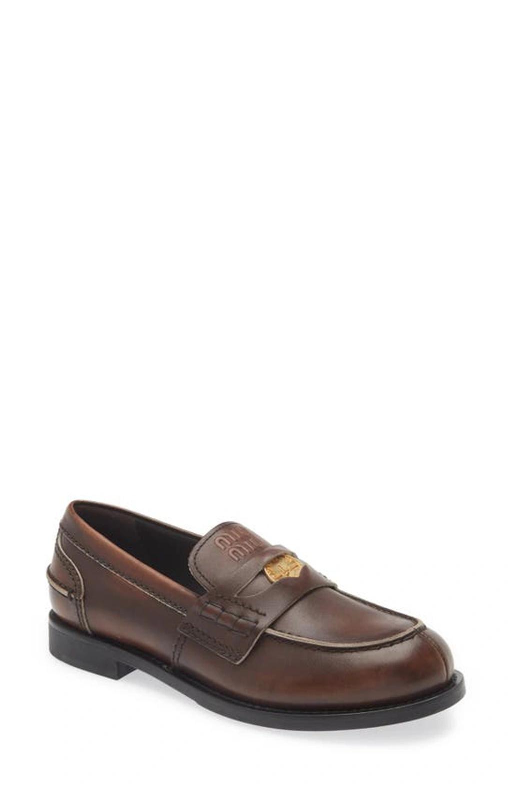 MIU MIU Leather Distressed Penny Loafers In Brown Product Image