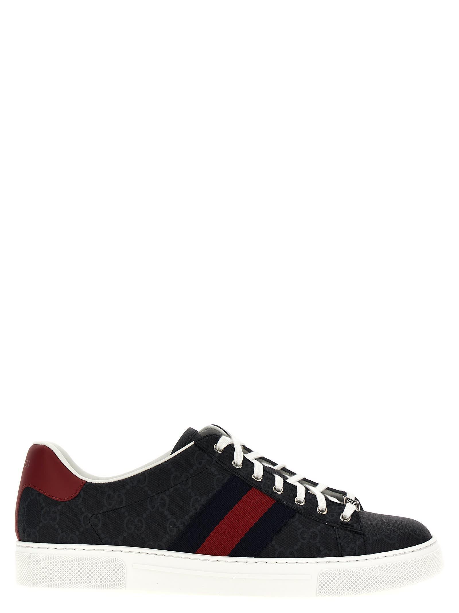 GUCCI Gg Supreme Fabric Sneakers With Lateral Web Band In Black Red Product Image