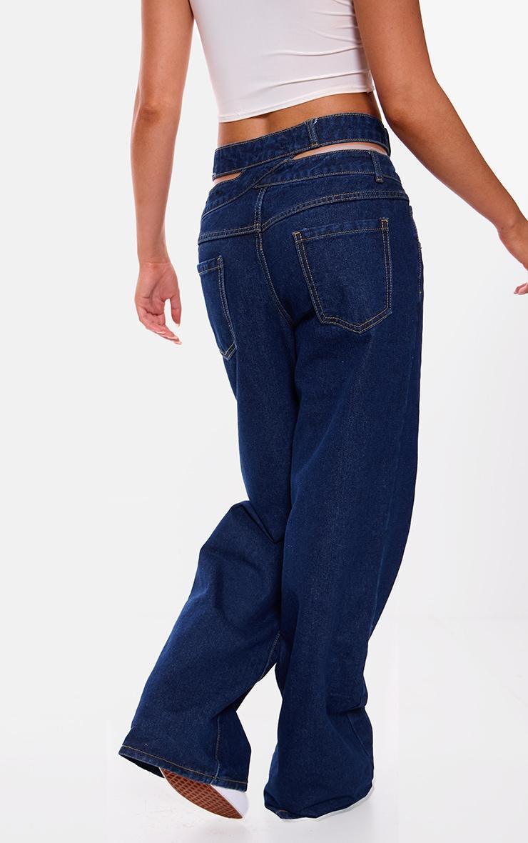 Indigo Cut Out Detail Cargo Pocket Wide Leg Jeans Product Image