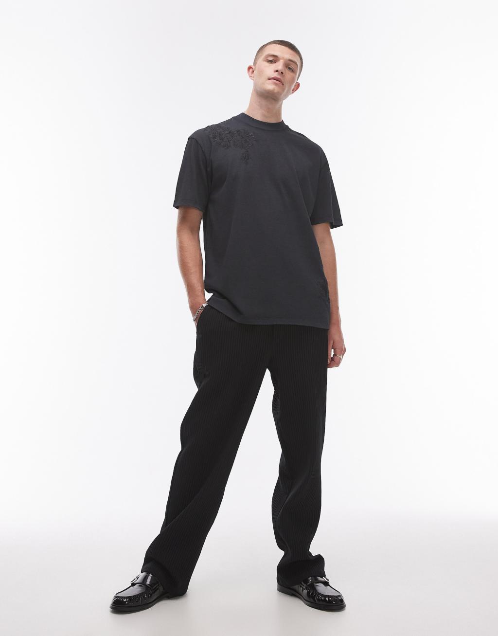 Topman oversized fit T-shirt with floral embroidery in washed black Product Image