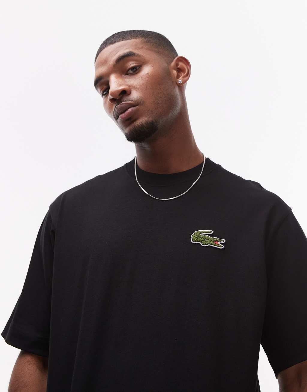 Lacoste oversized t-shirt in black with large logo embroidery Product Image