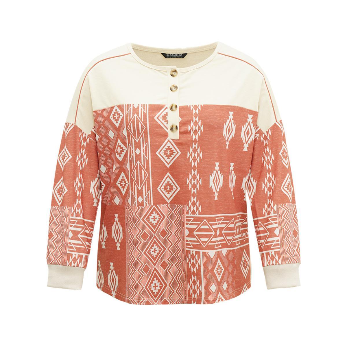Plus Size Boho Print Patchwork Contrast Button Up Sweatshirt Women Multicolor Casual Contrast Open Front Dailywear Sweatshirts BloomChic 14-16/1X Product Image