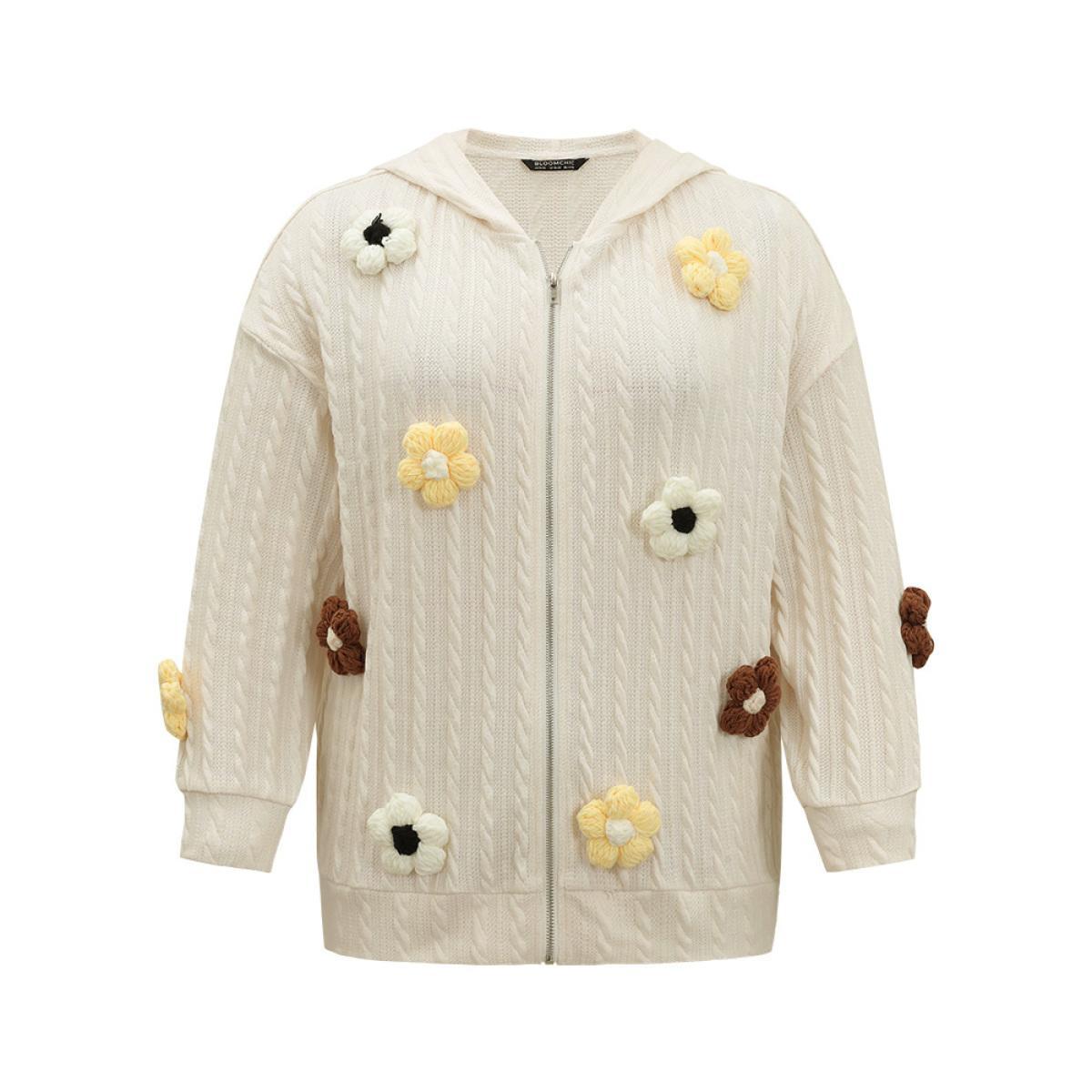 Plus Size Contrast Floral Detail Textured Zipper Fly Sweatshirt Women Apricot Elegant Texture Hooded Dailywear Sweatshirts BloomChic 14-16/1X Product Image