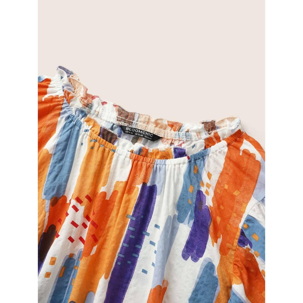 Plus Size Multicolor Brush Print Split Side Cap Sleeve Blouse Women Elegant Cap Sleeve Stand-up collar Everyday Blouses BloomChic 28/5X Product Image