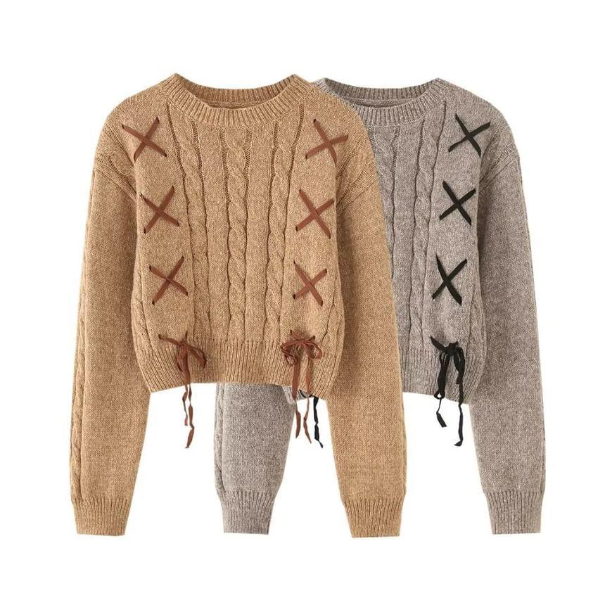 Long Sleeve Plain Lace-Up Cable-Knit Loose-Fit Sweater Product Image