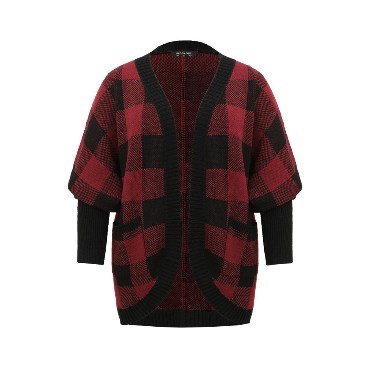 Plus Size Plaid Contrast Open Front Dolman Sleeve Cardigan Scarlet Women Casual Loose Long Sleeve Dailywear Cardigans BloomChic 28/5X Product Image