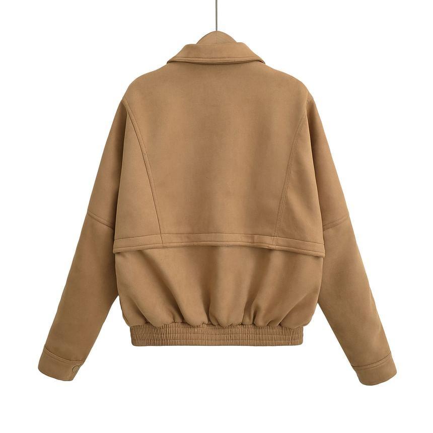 Collared Plain Zip-Up Faux Suede Jacket Product Image