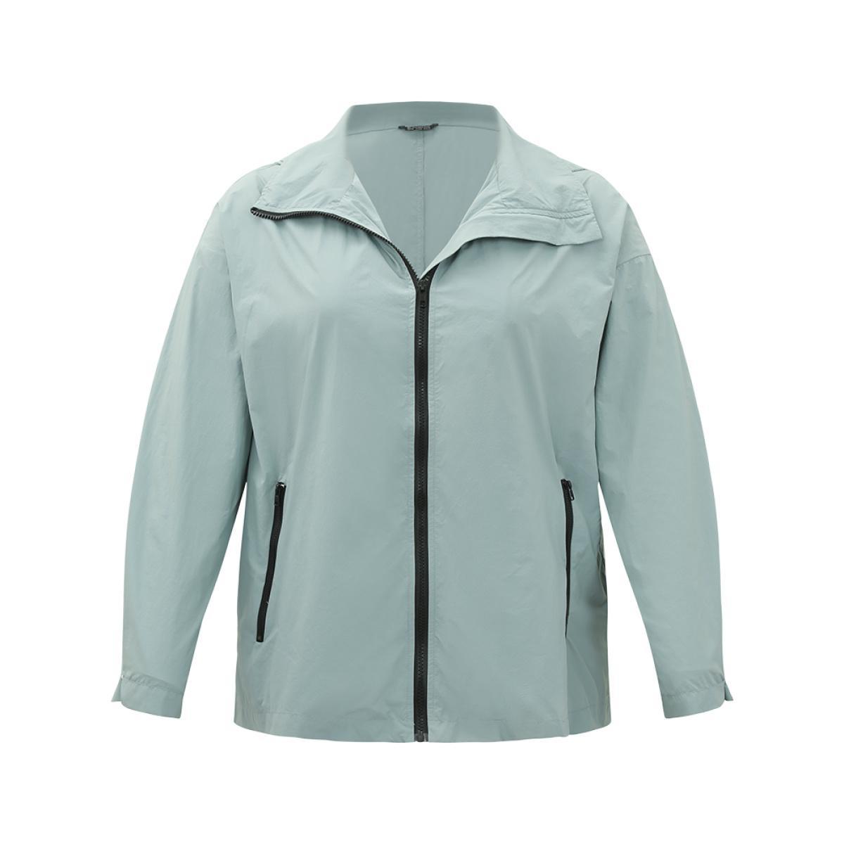 Plus Size Plain Hooded Pocket Zipper Fly Jacket Women SlateGray Plain Pocket Dailywear Jackets BloomChic 30/6X Product Image