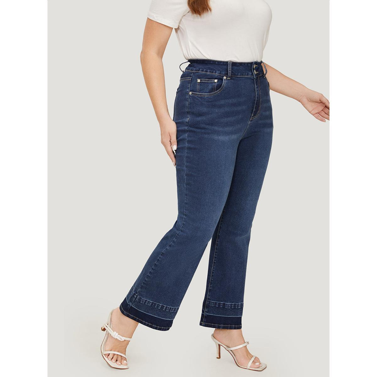 Plus Size Flare Leg Very Stretchy Dark Wash Contrast Patchwork Jeans Women Indigo Casual Plain Contrast High stretch Pocket Jeans BloomChic 12/L Product Image
