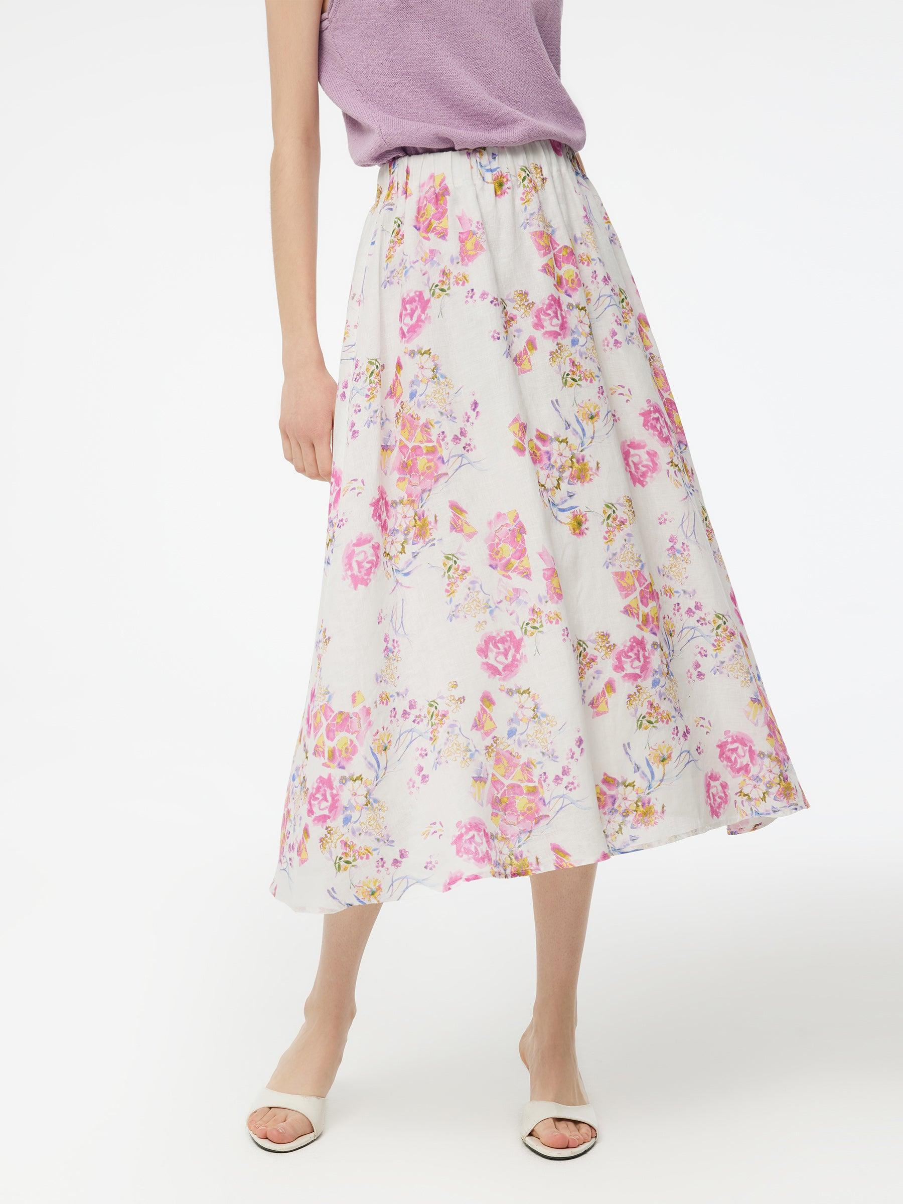 100% Linen Rose Print Women A-Line Skirt Product Image