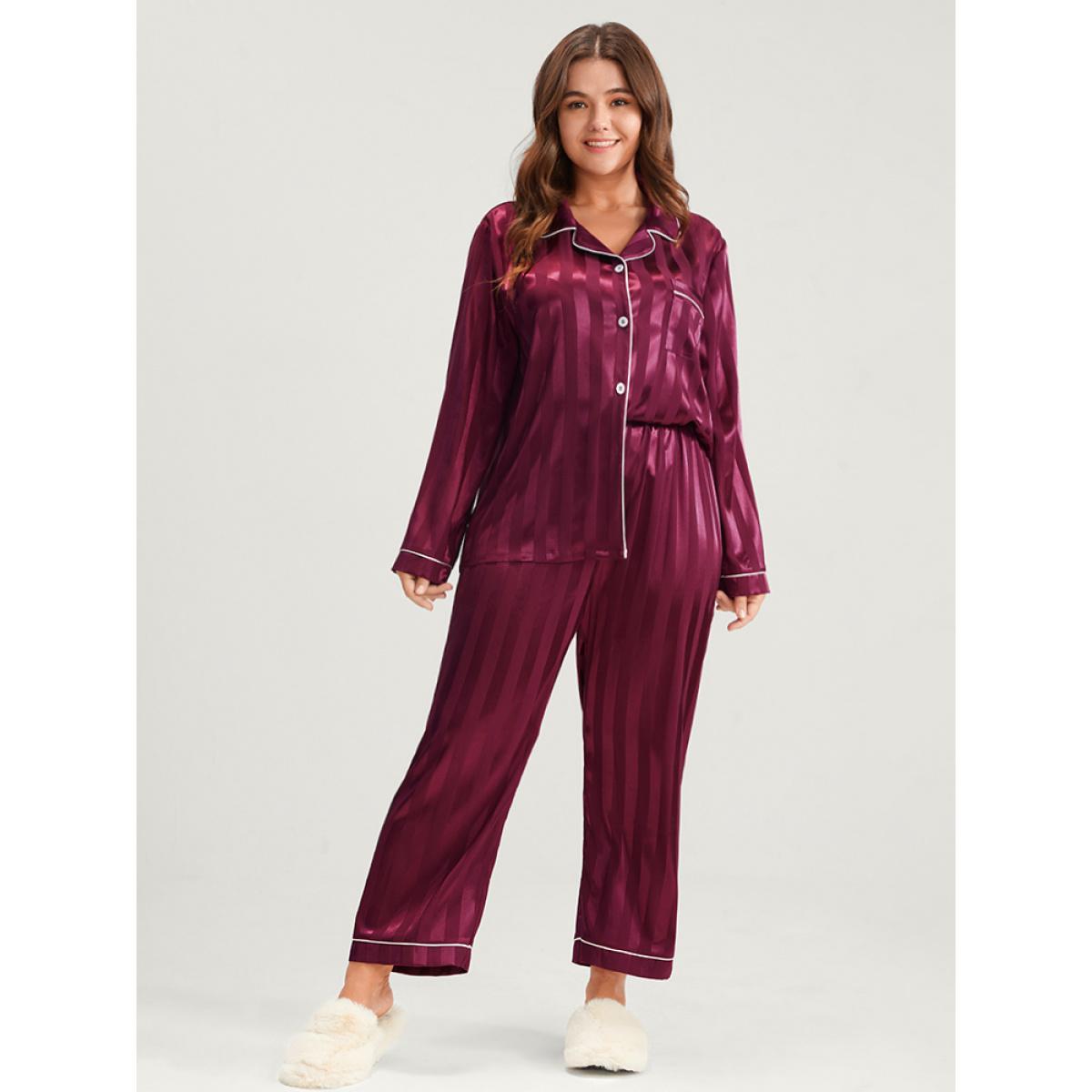 Plus Size Solid Striped Button Satin Pajama Set Women Burgundy Plain Patchwork Long Sleeve Shirt collar Casual Loungewear Sets BloomChic 18-20/2X Product Image