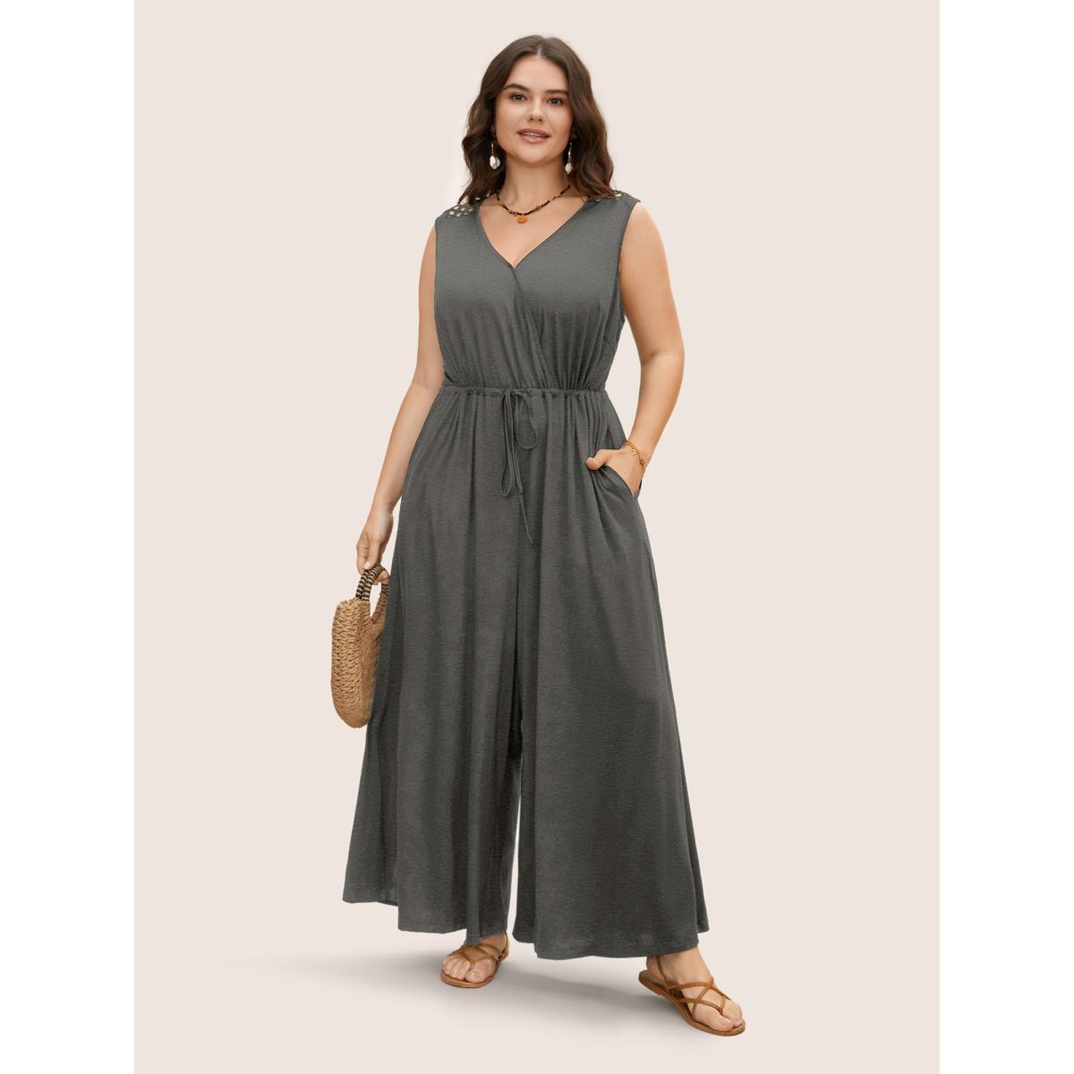 Plus Size DimGray V Neck Crocheted Cut Out Jumpsuit Women Resort Sleeveless V-neck Vacation Loose Jumpsuits BloomChic 22-24/3X Product Image
