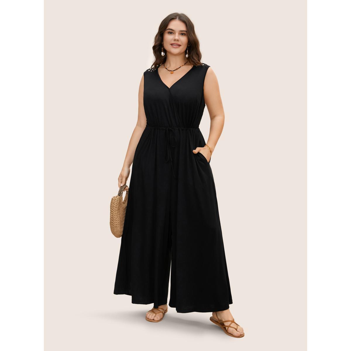 Plus Size Black V Neck Crocheted Cut Out Jumpsuit Women Resort Sleeveless V-neck Vacation Loose Jumpsuits BloomChic 28/5X Product Image